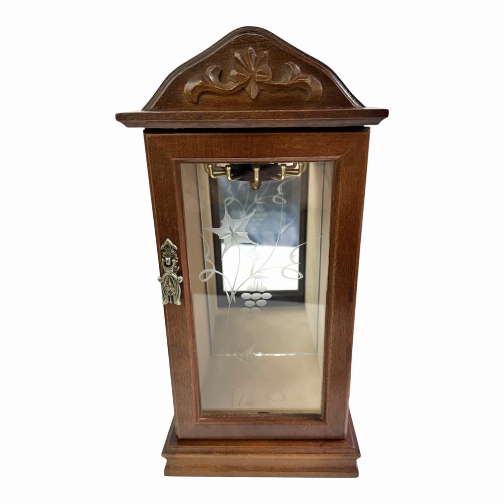 Vintage 1980’s Wooden Jewelry Cabinet Mirror Back Glass Etched Door Carousel